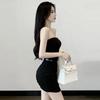 Elegant Strapless Bodycon Dress with Pleated Waist - Women's Autumn/Winter Style