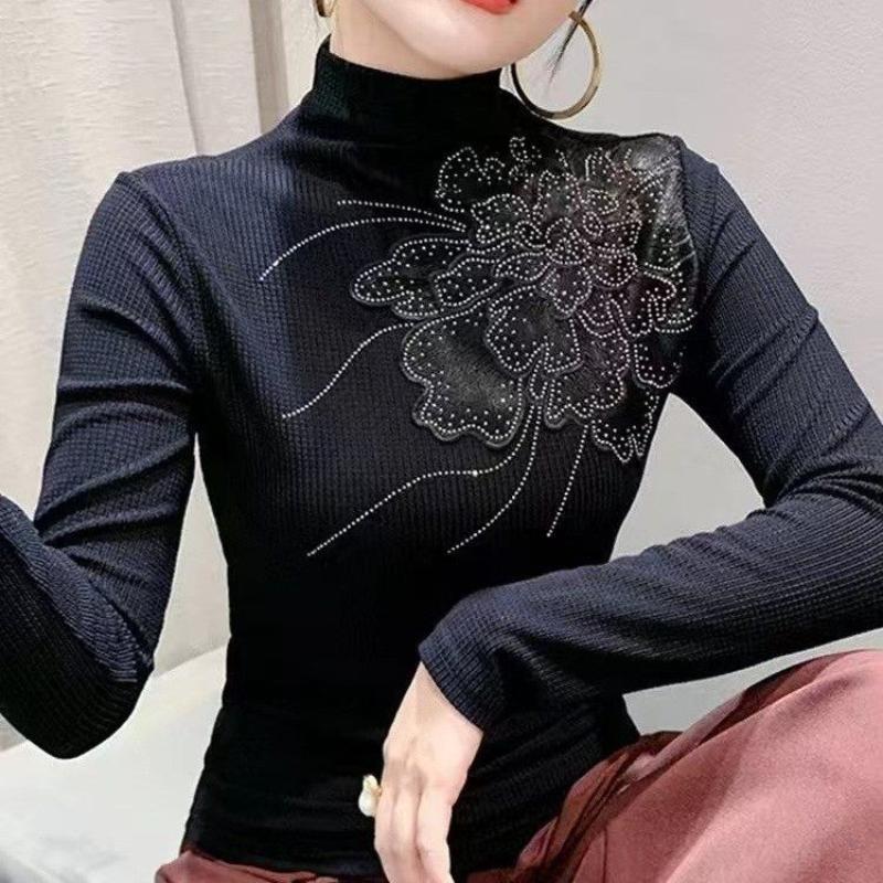 Fashionable Turtleneck BottomingWomen Hollow Hot-drilled Long-sleeved T-shirt Tight-fitting Inner Top