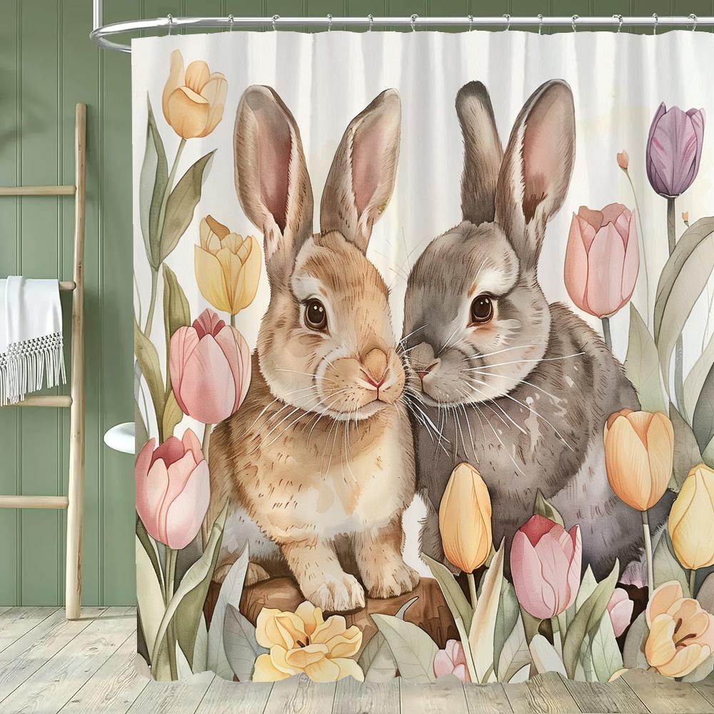 Paaseieren Douchegordijn, Schattig Konijn Bedrukt Badkamer Decoratief Douchegordijn, Stof Huis Gordijn met Haken