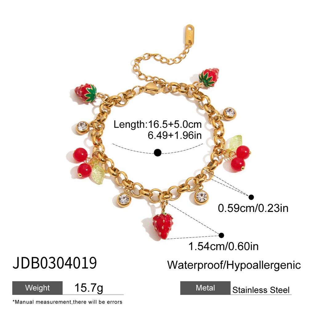 Youthway Colored Strawberry Cherry White Zircon Bracelet Gold Plated Stainless Steel Waterproof Minimalist Women Jewelry Holiday
