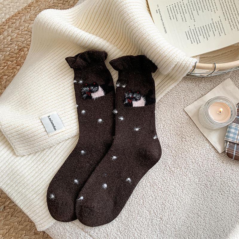 Korean Style Women's Wool Socks: Sweet Bubble Lace, Mid-calf, Cute Cartoon Design, Warm and Versatile for Autumn and Winter