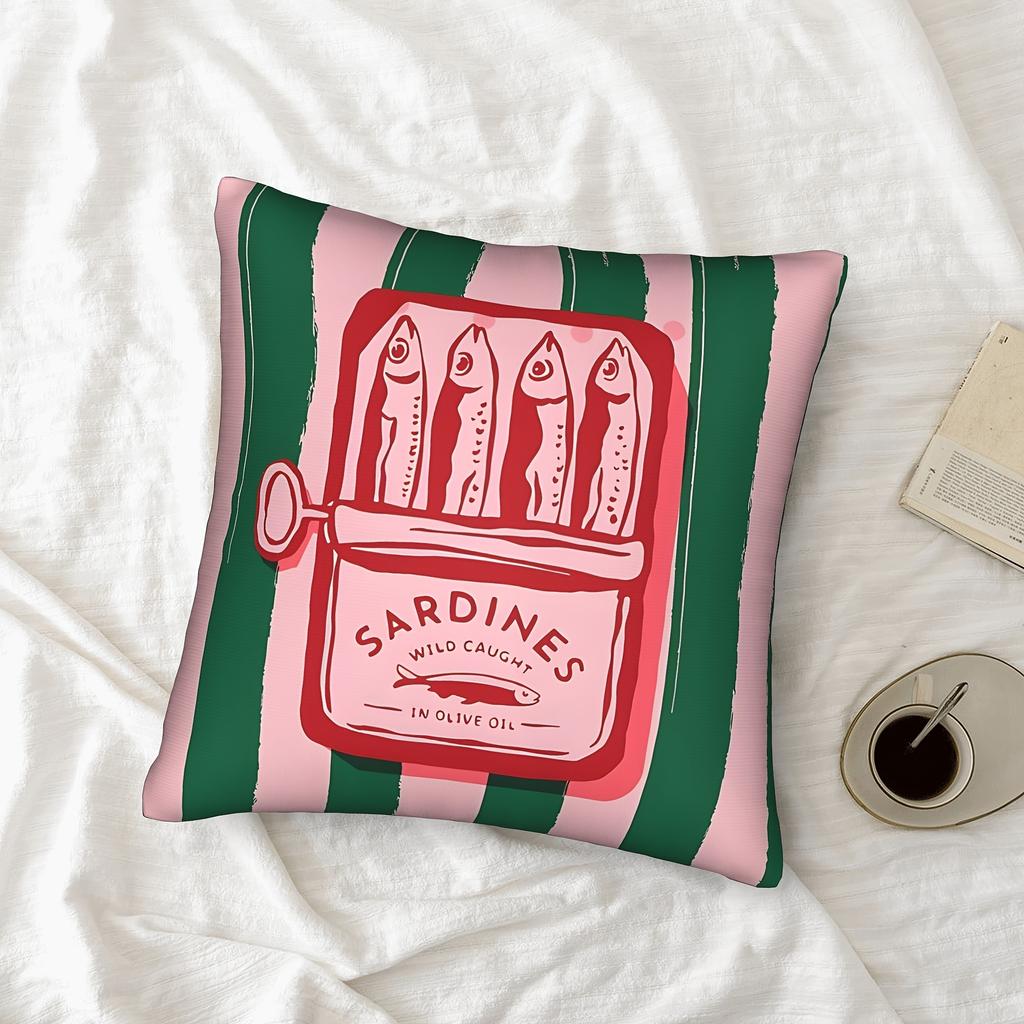 1pc Sardines Wild Caught In Olive Oil Retro Decorative Cushion Cover, Vibrant Pink & Green Striped Design, 100% Polyester