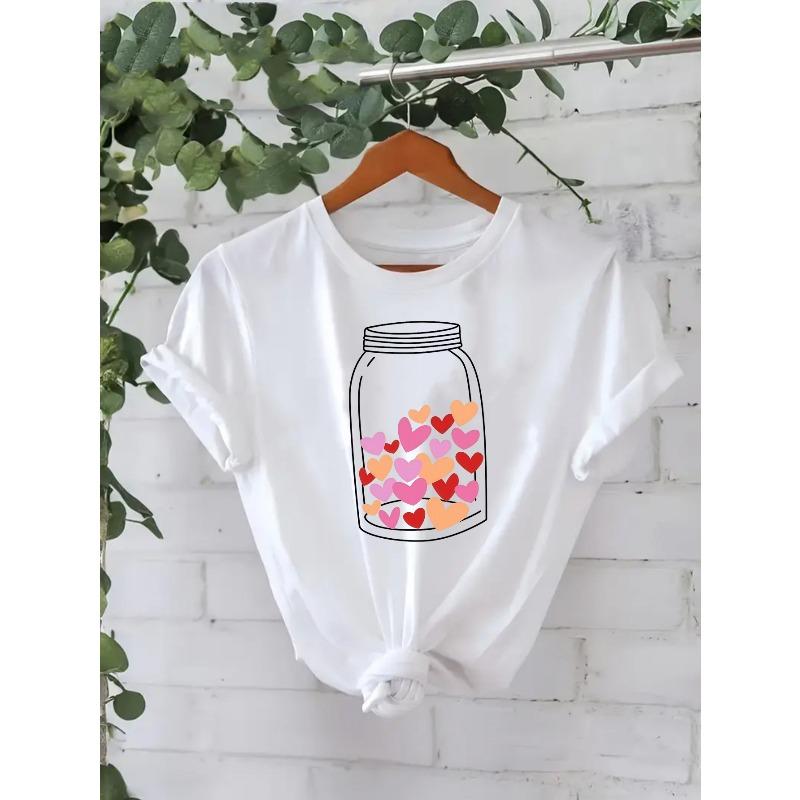 

European Size Casual Women S Short Sleeve T-Shirt with Colorful Heart Pattern | Perfect for Valentine S Day Gift, Ideal for Spring/Summer S белый