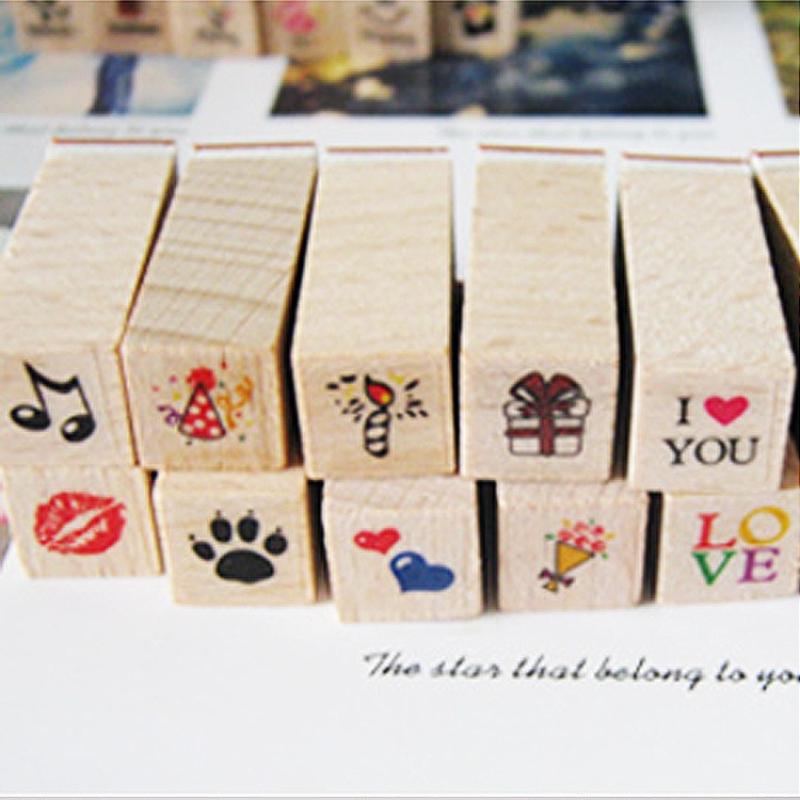 Office School Supplies Diary Seal Decoration for Handbook Love Life Wooden Seal 12 Pieces Wooden Box 5 Options Kawai Lovely Gift
