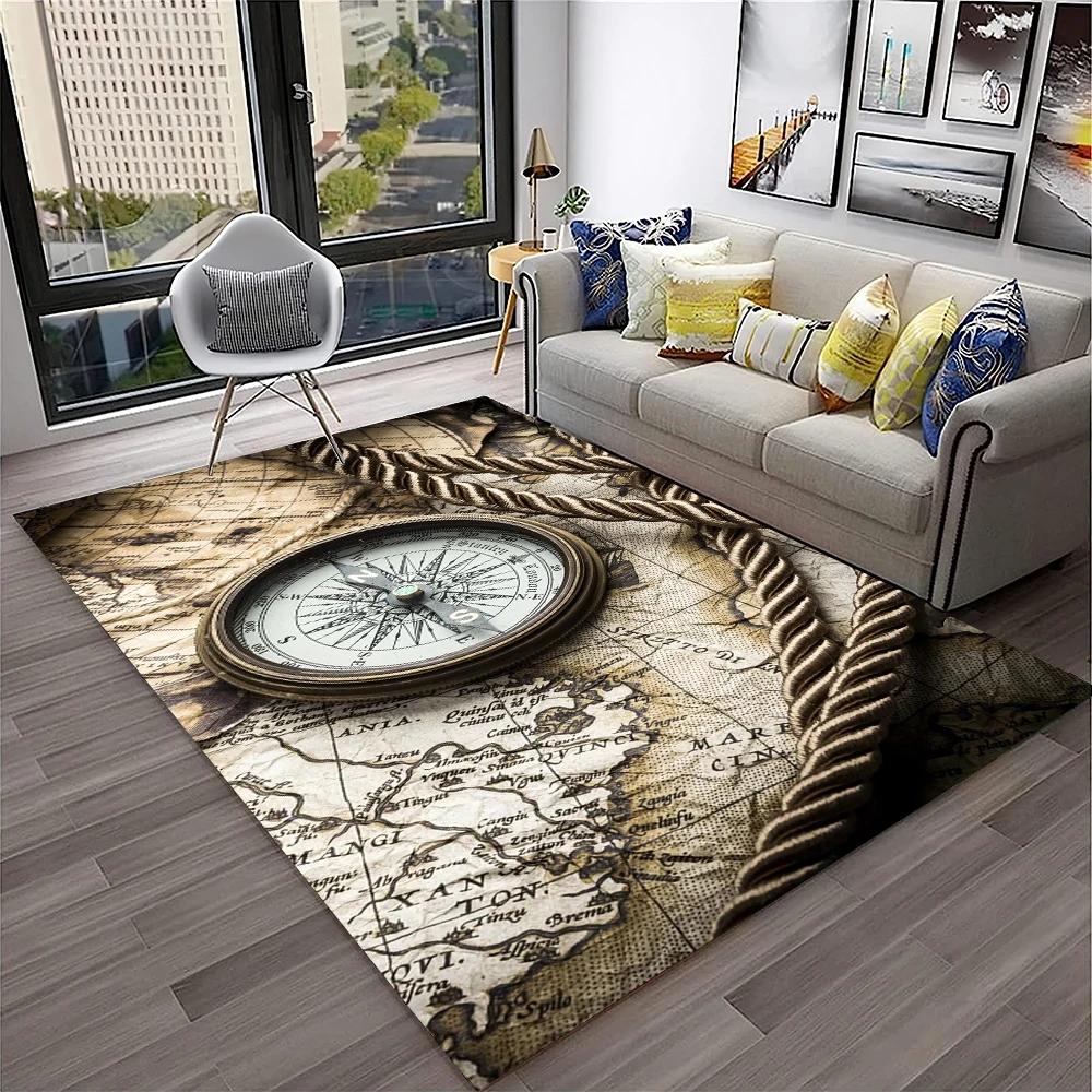 Retro Kompas Navigační Mapa Koberec pro Domácí Obývací Pokoj Ložnici Pohovku Rohožka Dekorace, Koberec do Dětského Hracího Koutku Protiskluzová Podlahová Rohožka