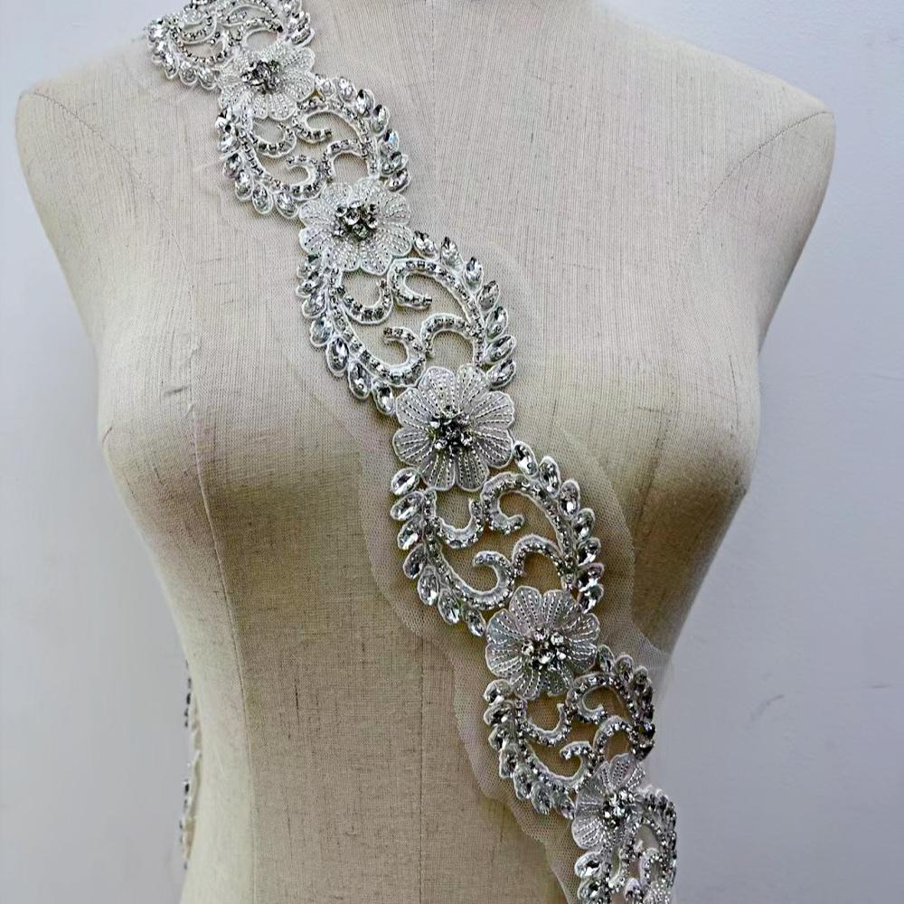 RM-800 Handmade Rhinestone Beaded Lace Trim Applique Sequin Beaded Trim for Bridal Beaded Trimming 600pcs&full body