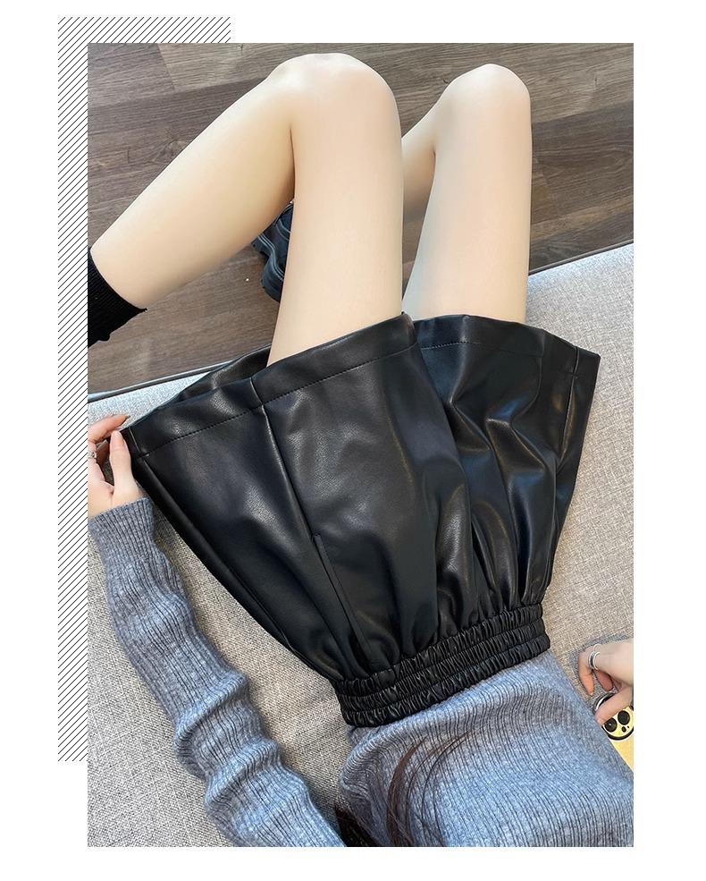 Women's Black PU Leather High-Waisted Slimming A-Line Wide-Leg Bootcut Shorts - Winter Casual Wear