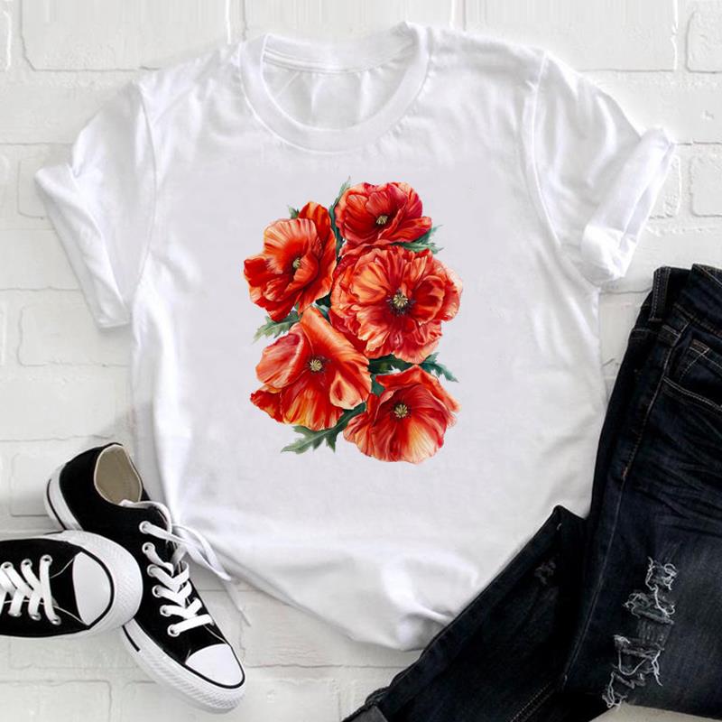 (European Size) 90s Tee Top Fashion Flower Watercolor Lovely T Shirt Clothing Casual Short Sleeve Women Print Lady Female Graphic T-shirt