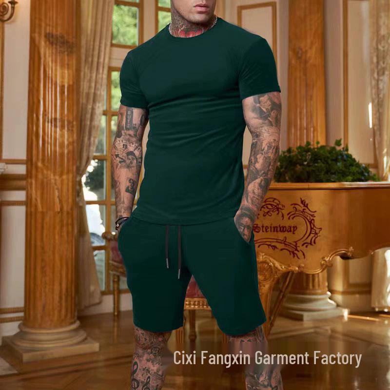 

Men s Summer Solid Color Short-Sleeve T-Shirt and Shorts Set with Custom Logo Printing Option XXXL темно-зелений колір