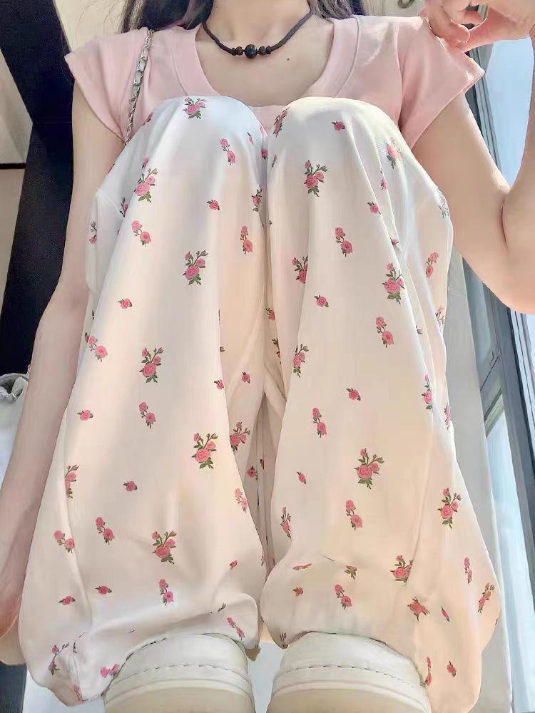 Trendy Korean High Waist Floral Wide Leg Joggers for Women