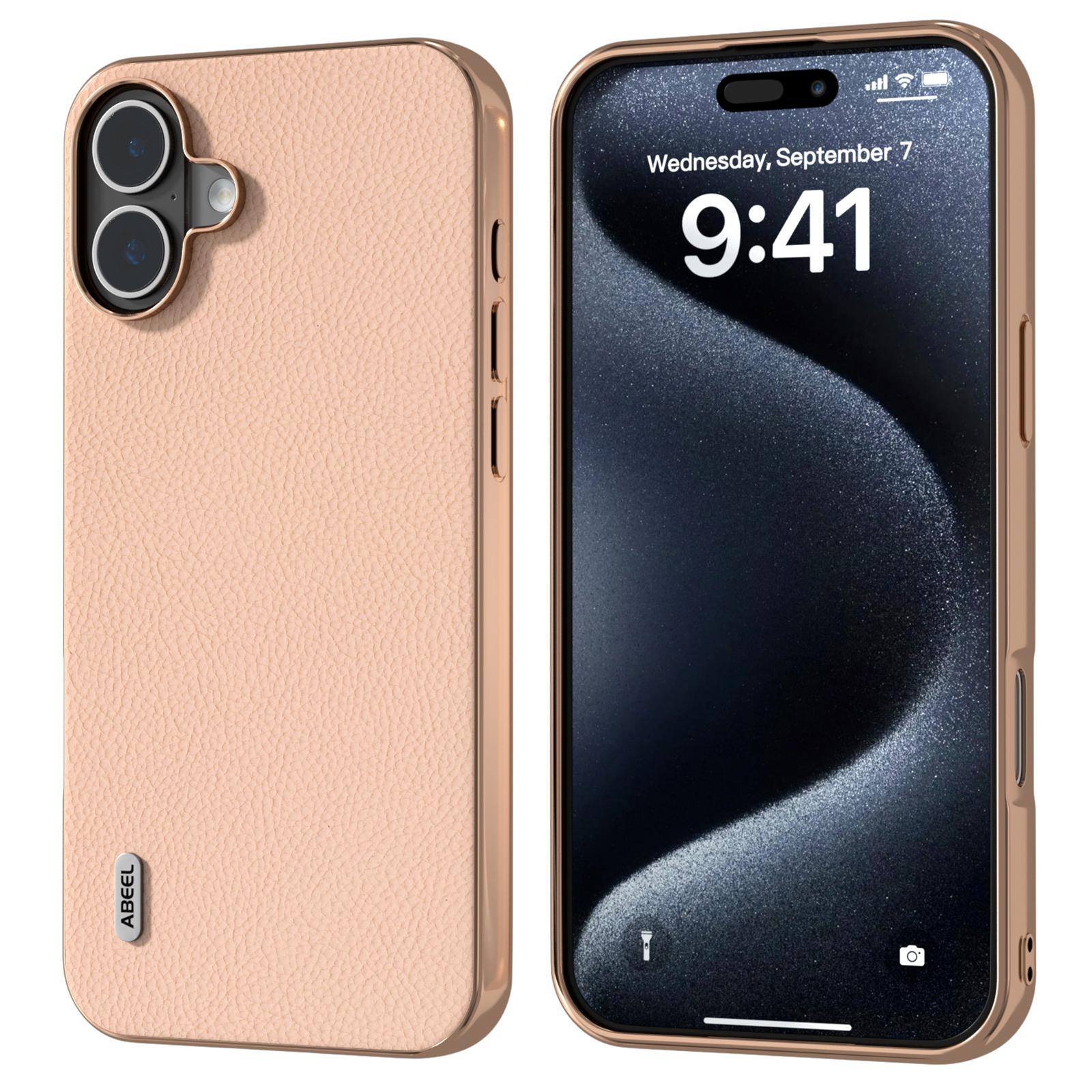 ABEEL For iPhone 16 Plus Case Electroplating Phone Cover Horizon Series Genuine Cow Leather+TPU Protective Case C