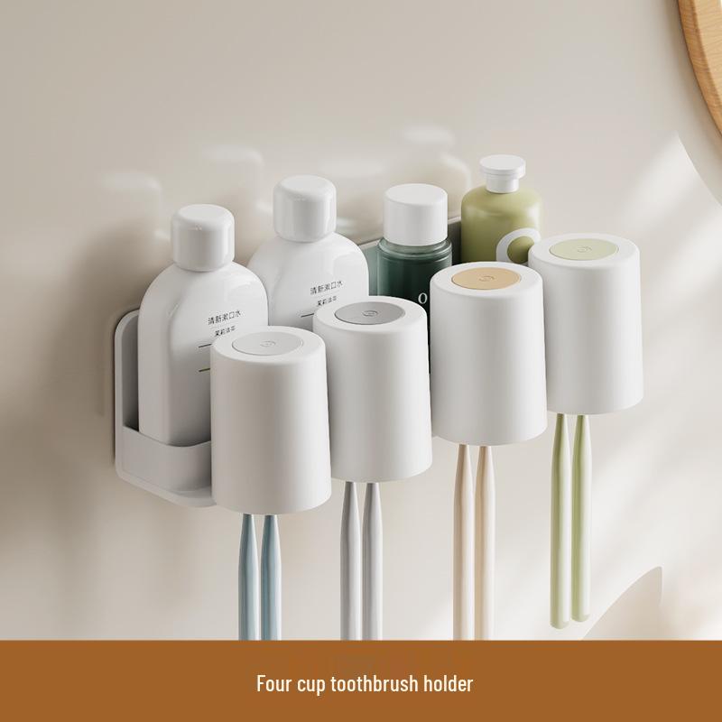 Wall-Mounted Toothbrush & Toothpaste Holder with Mouthwash Cup, Punch-Free
