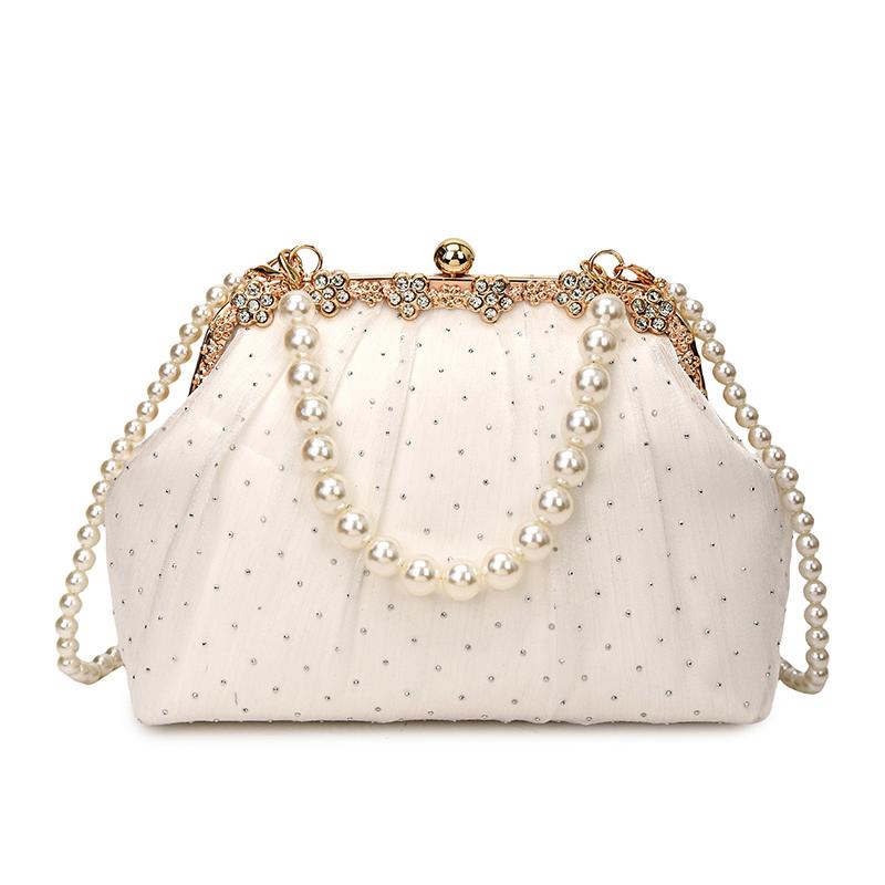

Fashi Women Tulle Shoulder Handbag - Pearl Strap Evening Clutch Purse, Wedding Party Bride Bag Elegant Dinner Accessories Gift білий