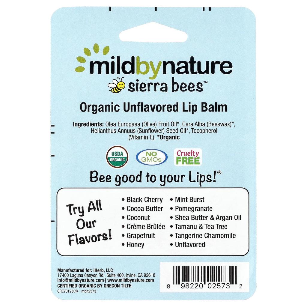 Mild By Nature, Sierra Bees™, Organic Lip Balm, Unflavored, 4 Pack, 4.25 g (0.15 oz) Each