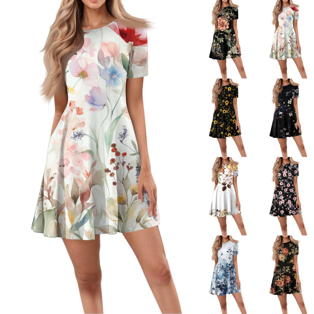 Women's Casual Fashion Round Neck Short Sleeve Print Short Dress