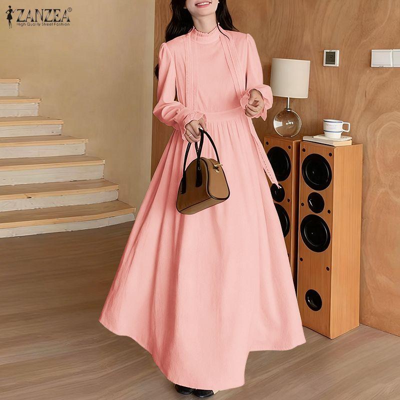 ZANZEA Damen Lässiges Stehkragen Langarm Locker Spitze Patchwork Langes Kleid