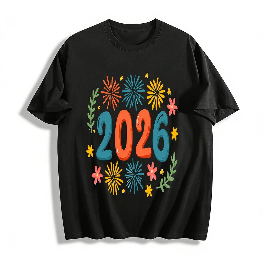 

2026 New Year Firework Floral Print Casual Long Sleeve Top Pure cotton T-shirt XXS