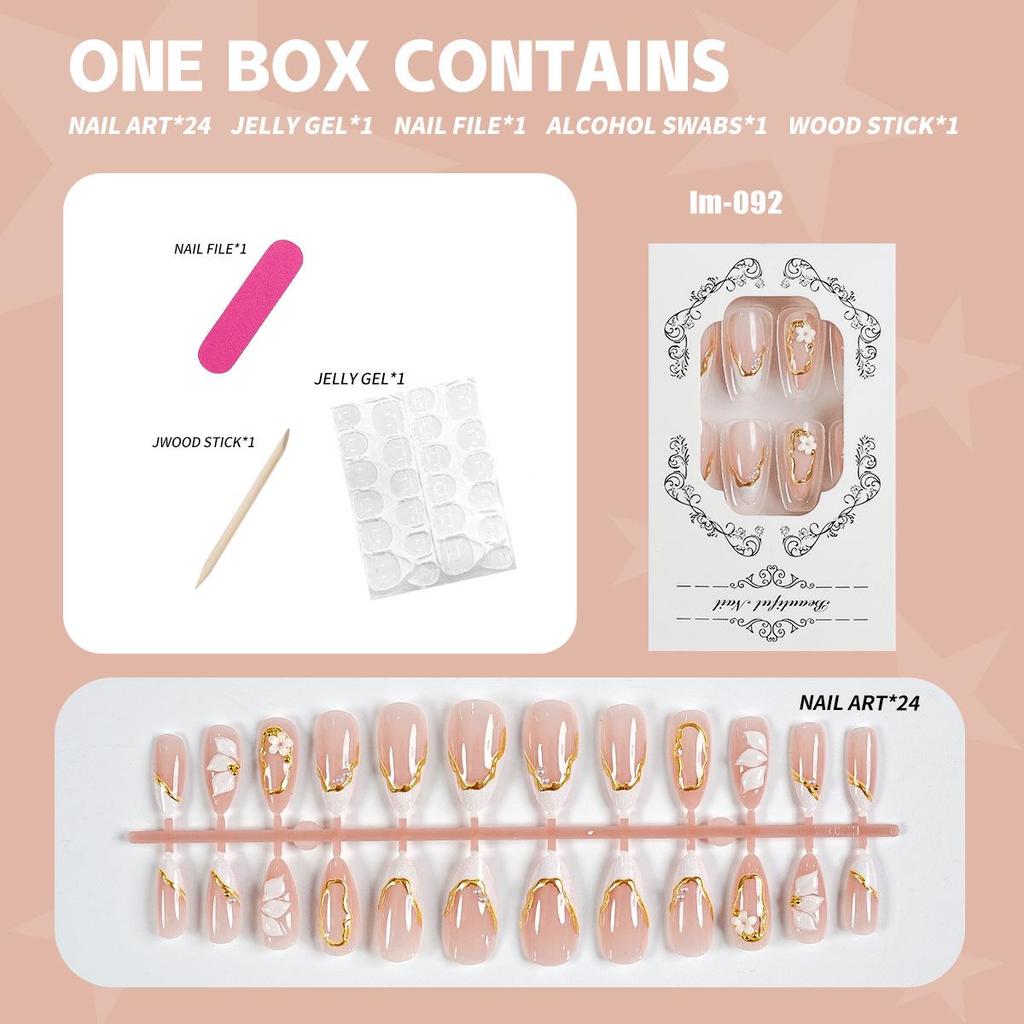24 Nude Pink Gradient Press-On Nails with 3D White Flowers, Gold Lines, Pearls - Medium Length Beauty Set