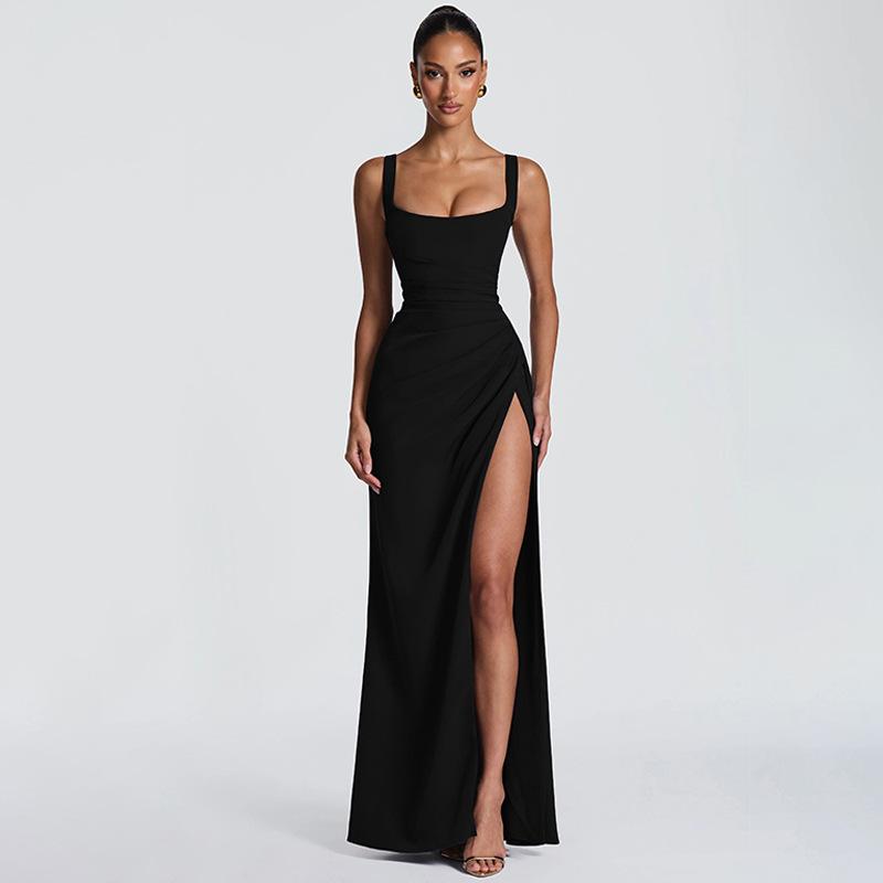 European and American Women's Clothing Light Luxury Evening Dress Long Dress Summer New Sexy Backless Suspender High Split Dress