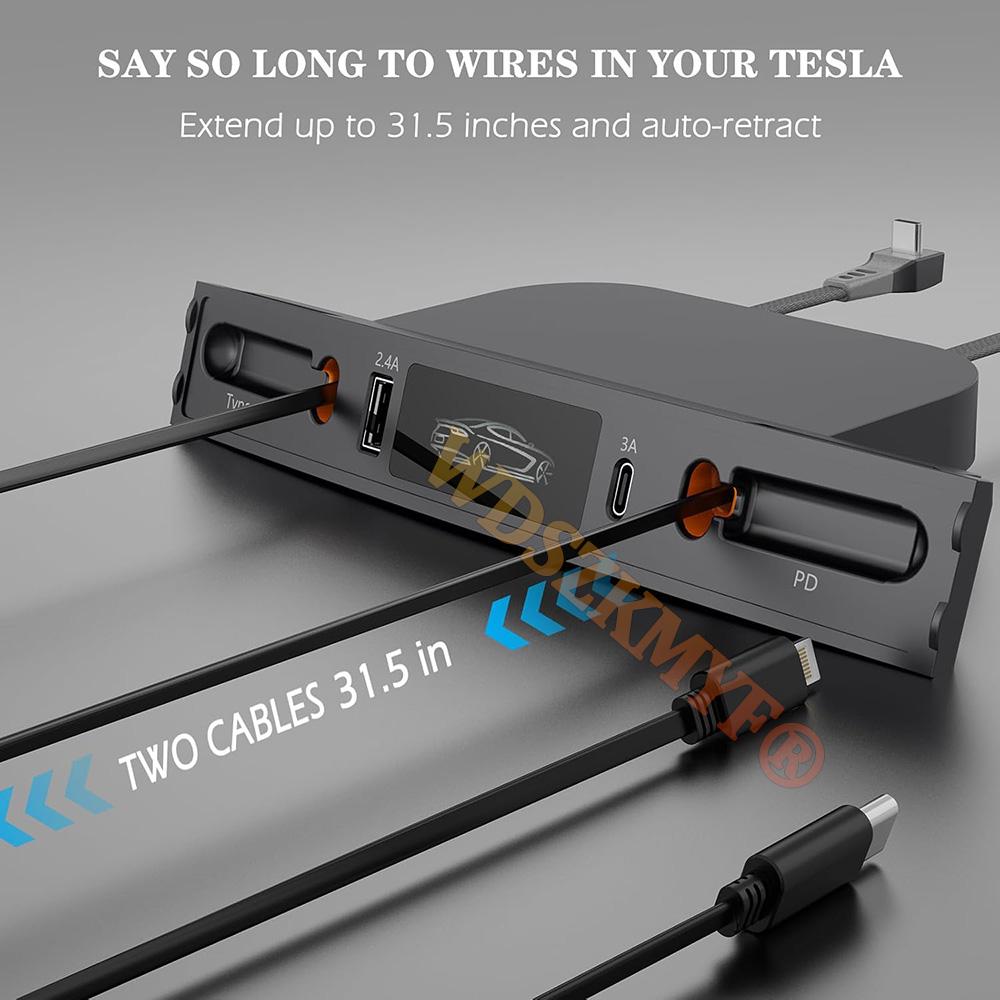 4in1 Center Console USB Hub Compatible for Tesla Model 3 Model Y Accessories 2025-2025 Fast Charge with Retractable Cable