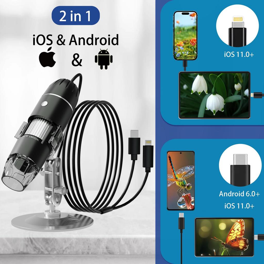 USB Digital Microscope Camera with Handheld HD Inspection 1920P Adjustable 8 LED Portable Microscope Compatible with iOS and Android Devices 50X-1600X
