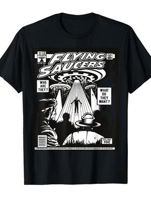 Men'S Vintage 1950s Retro Sci-Fi Comic Graphic T-Shirt Flying Saucers Invaders Alien UFO Design