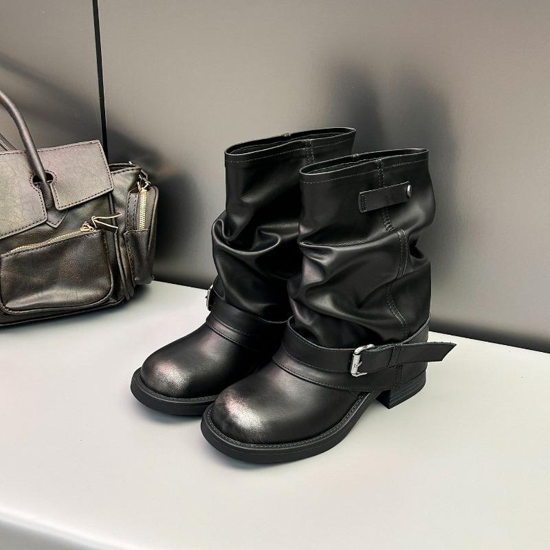 Inner Height Increase 8 Brown Short Boots Women's New Women's Pleated Stacking Boots Belt Buckle Middle Tube Pants Tube Western Boots