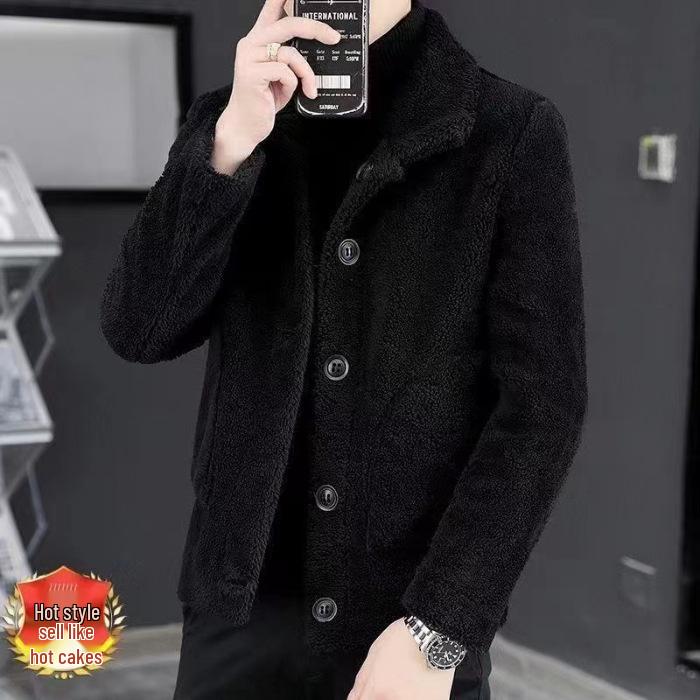 

Men s Trendy Gray Lambswool Stand Collar Jacket - Plus Velvet Thickened Winter Coat XL чорний