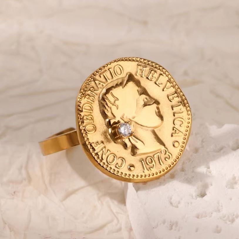 Zirkonia Runde Portraitringe Für Frauen Goldfarbe Edelstahl Damen Portrait Öffnungsring Party Weihnachten Hochzeit Schmuck