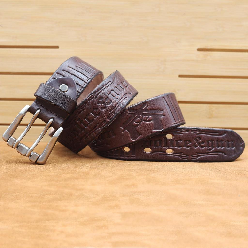 Herren Verdickter Ledergürtel mit doppelter Dornschließe - Echtes geprägtes Rindsleder, Retro Casual Stil für Jeans