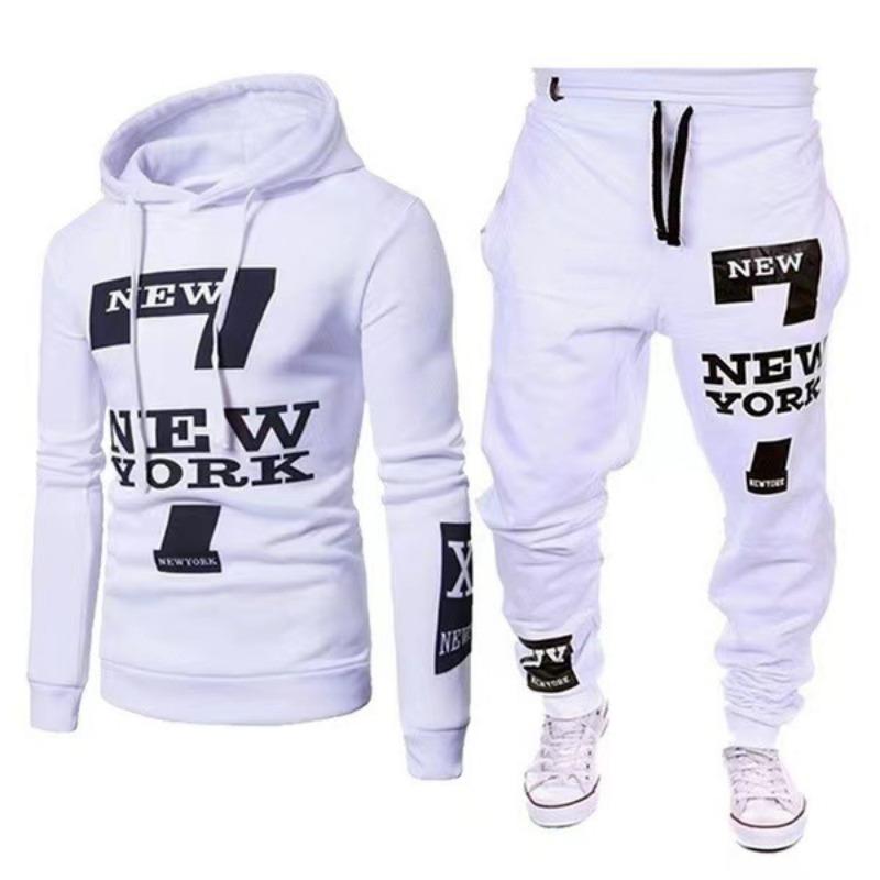 

Mens White New York Print Hoodie And Sweatpants 2 Piece Tracksuit Set S