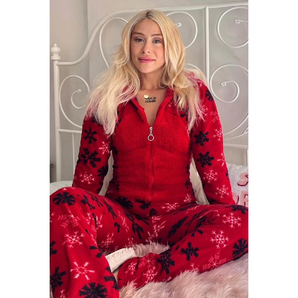 Dámské plyšové overalové pyžamo se vzorem červené sněhové vločky