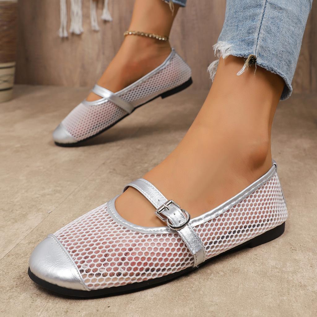 Women's Mesh Breathable White Ballet Flat Shoes Summer New Flat Hollow Mesh Sandals Fishnet Flats Mary Jane Shoes Plus Size 43