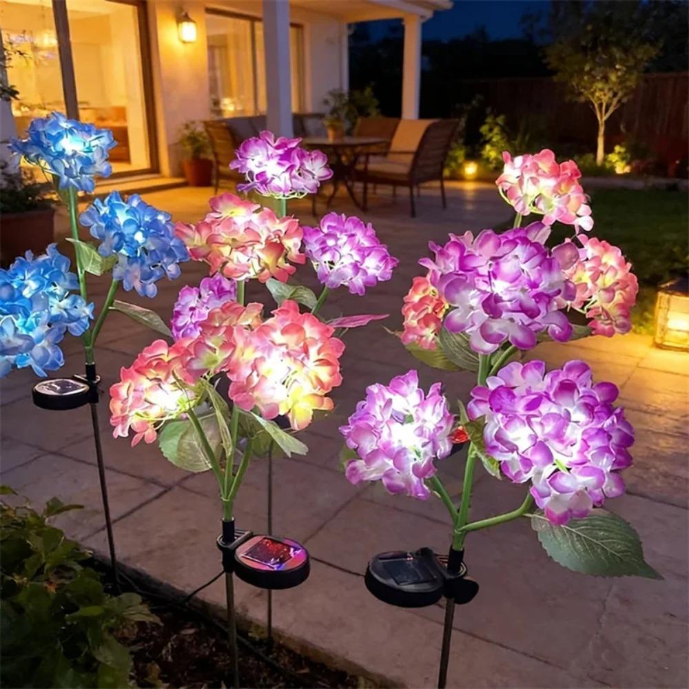 Solar 3 Heads Hydrangea Ground Lamps Outdoor Simulation LED Flower Stake Lights Waterproof Garden Party Decor