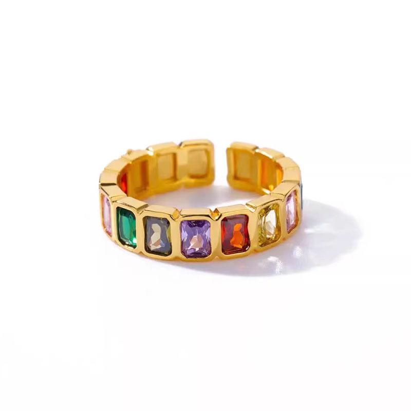 European and American Light Luxury Geometric Colorful Zircon Open Ring Exaggerated High-end Retro Ring
