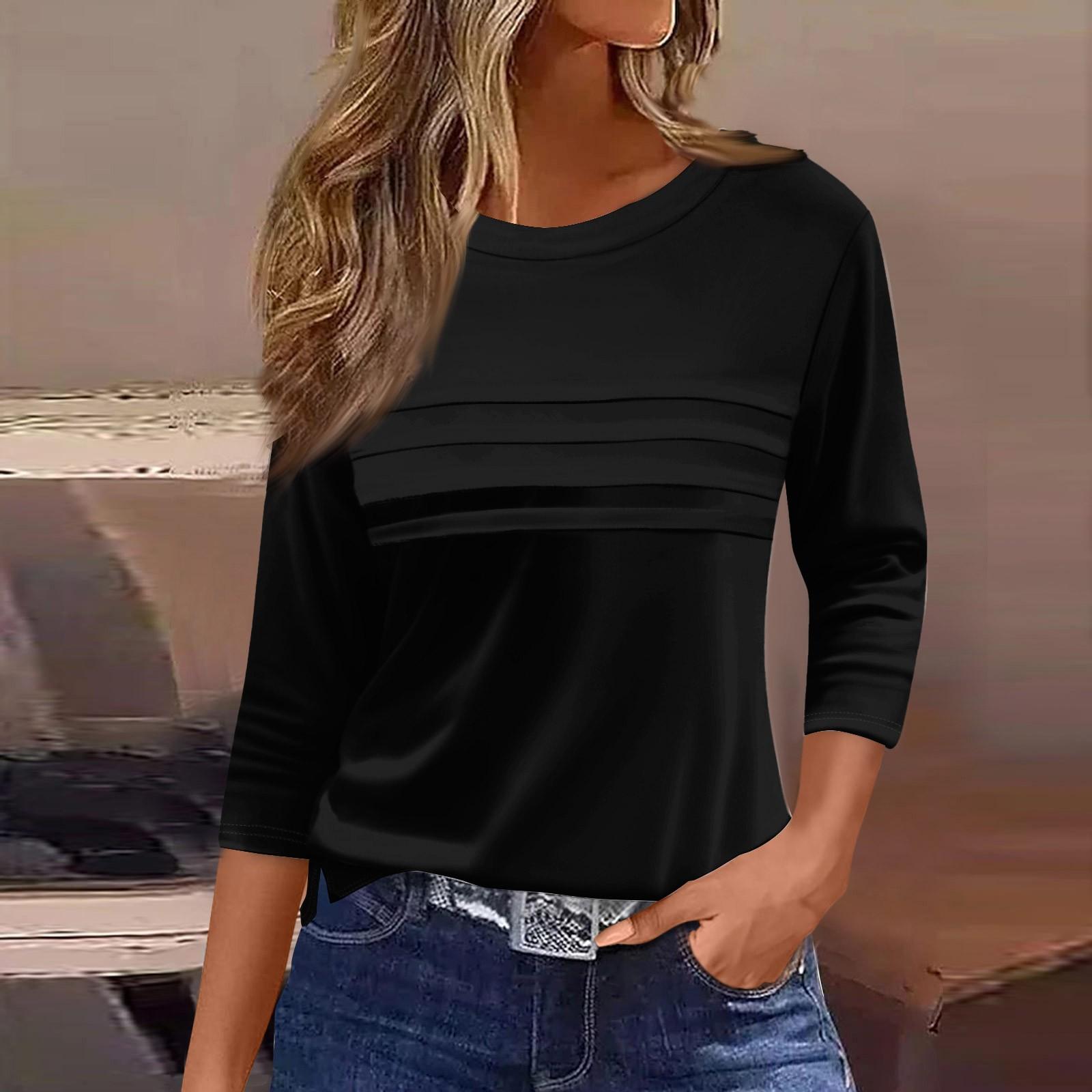 

Женская мода повседневный свободный топ с рукавом 3/4 в полоску с круглым вырезом S чёрный