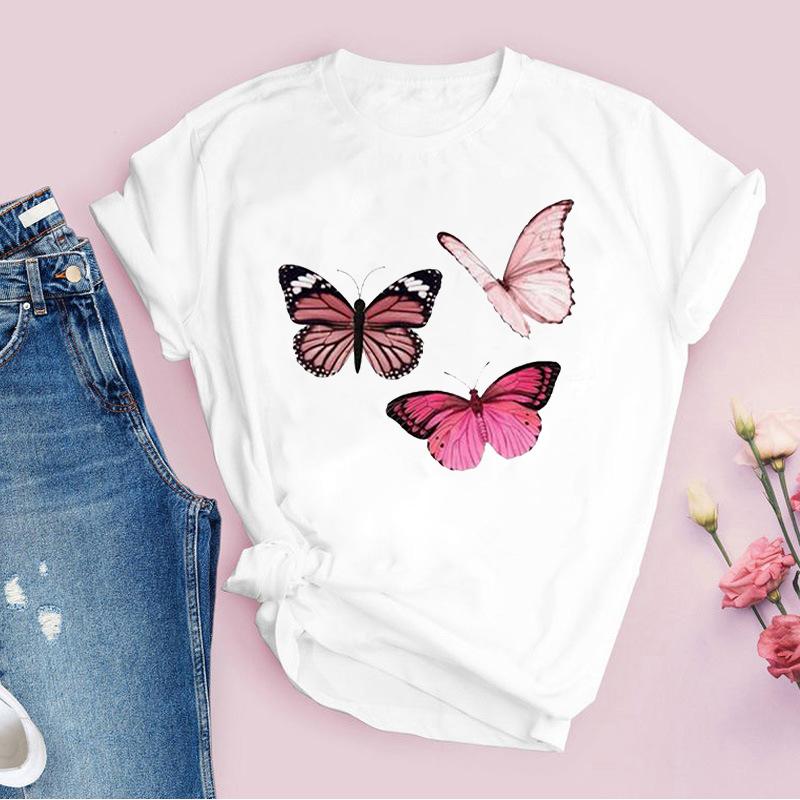 Fashion 2025 Women T-Shirt Pink Beautiful Butterfly Graphic Print Female T Shirt Casual Harajuku Short Sleeve Kawaii Ladies Tops