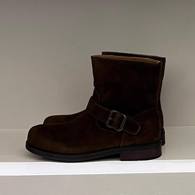 Fashion Women's Retro Buckle Western Cowboy Boots 2025 Autumn New Flat Ankle Boots Round Head Wide Tube Knight Boots Zapatos Mujer