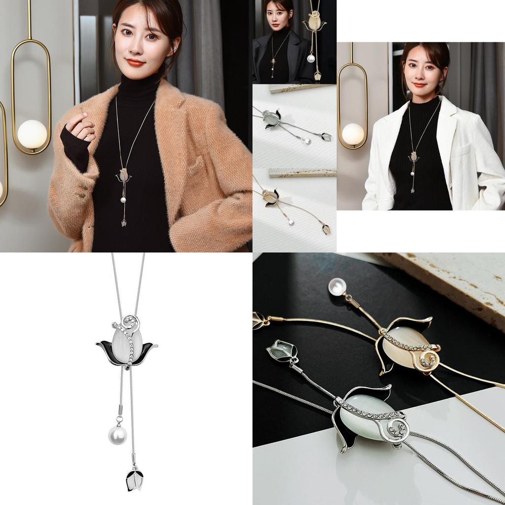 Elegante Koreanische Lange Halskette Mit Tulpen Katzenaugenstein Blumenanhänger Ideal Für Wintermode