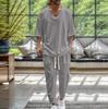 Men's Cotton Linen V-Neck T-Shirt & Long Pants Beach Set - Spring/Autumn Casual Wear