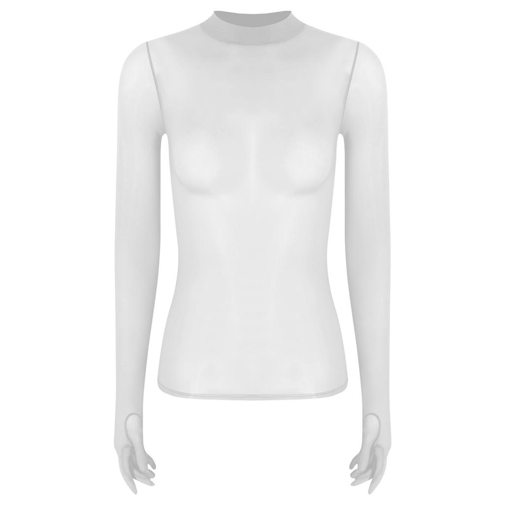 Womens Glossy Sheer Long Sleeve Top Slim Fit Stretchy Pullover Round Neck Nightclub Glamorous Clubwear