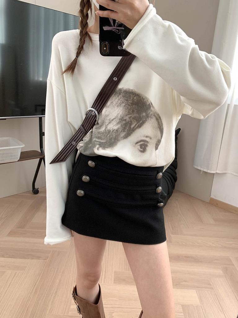 Moqie Stylish Retro Double-Breasted High-Waist Slim A-line Wool Skirt MQ1075