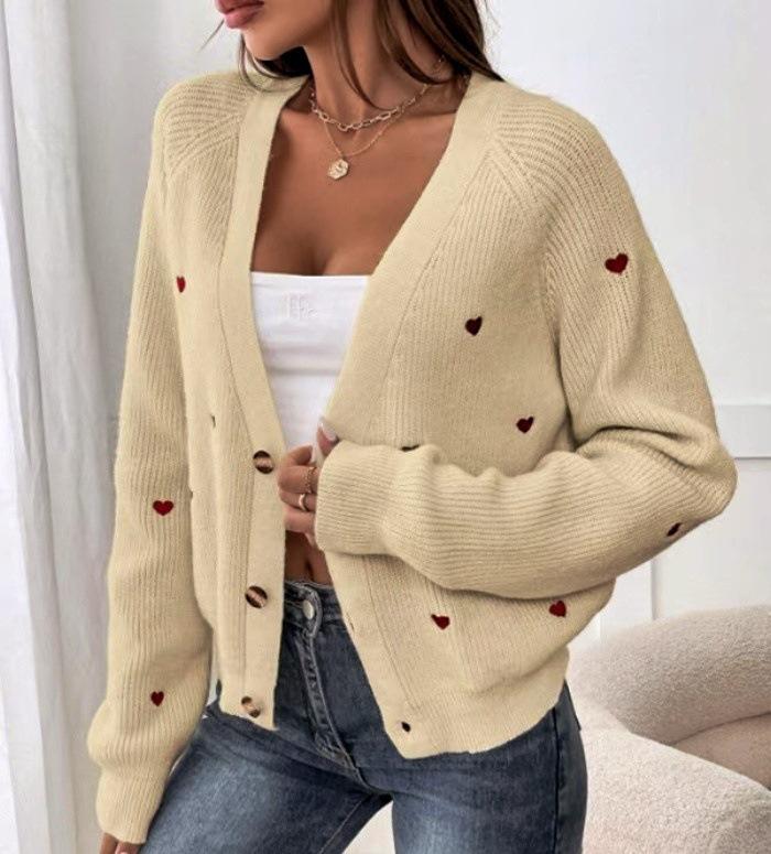 Love embroidered knitted sweater jacket, European, American autumn and winter single-breasted V-neck sweater cardigan for women