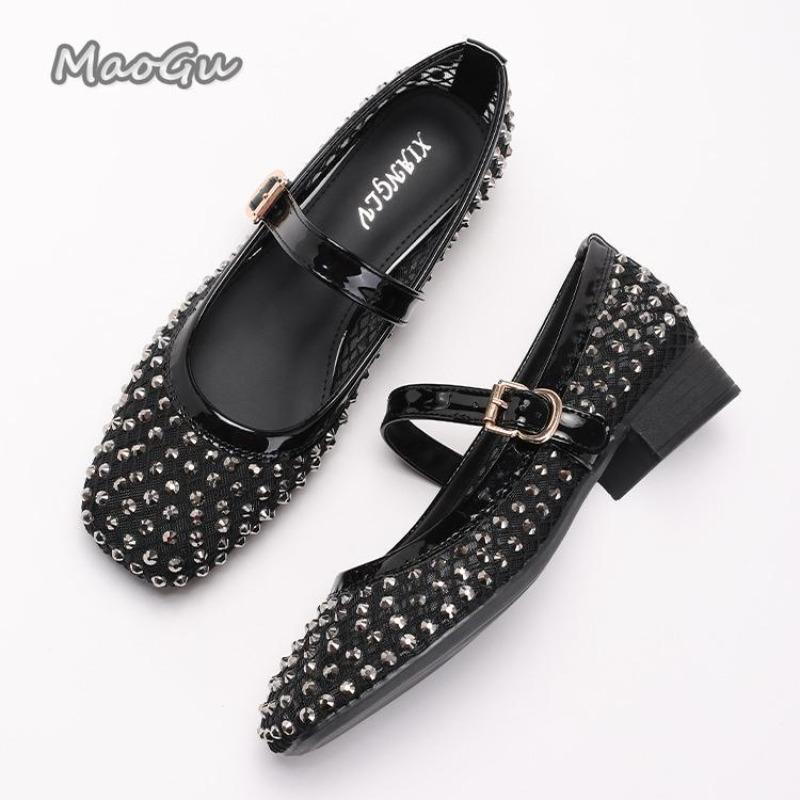 Fashion Crystal Studded Mesh Breathable Shoes Fashion Square Head Shallow Mouth Mary Jane Shoes Elegant Office Ladies Low Heel Pumps