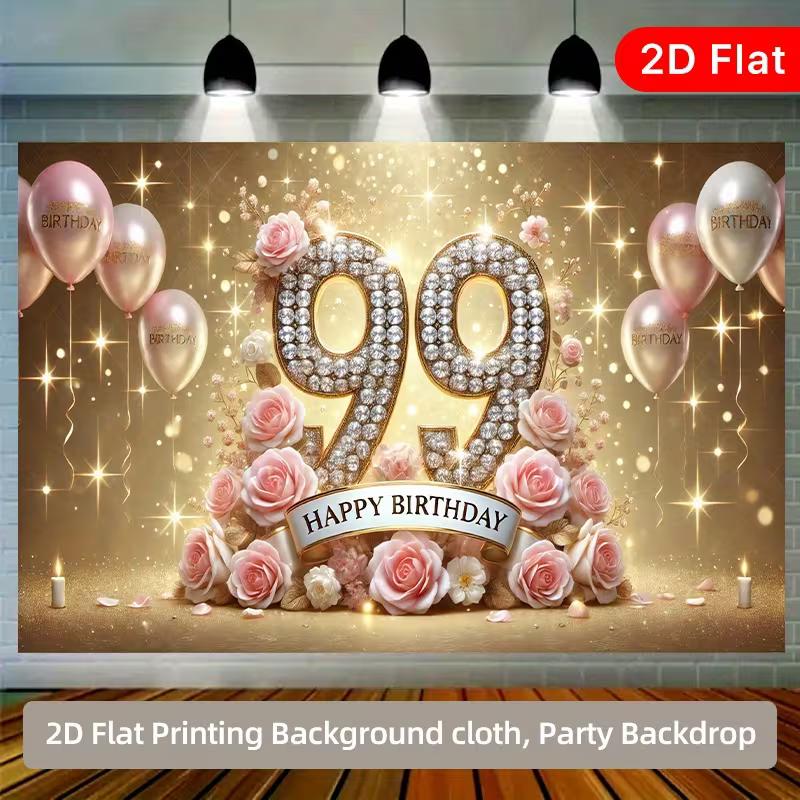 2D Pink Floral 99th Birthday Backdrop, Luxury Celebration Photo Booth Decor