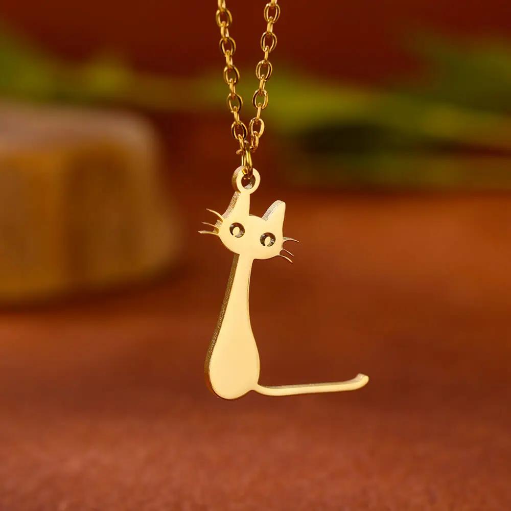 Stainless Steel Initial Letter Cat Pendant Necklace for Women Gold Color Animal Alphabet Necklaces Charm Fashion Jewelry Gifts