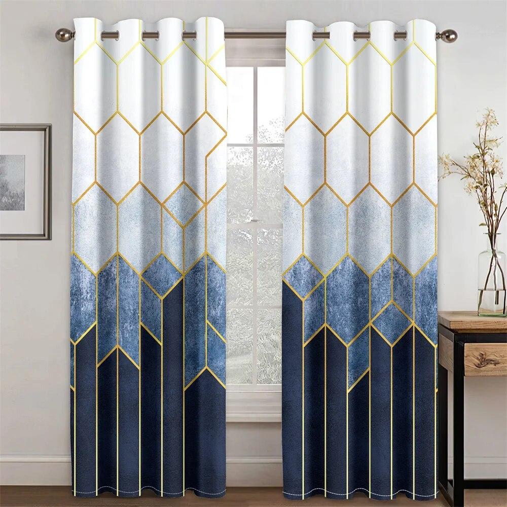 Cheap Modern Green Marble Honeycomb Plaid Gold Leaf 2 Pieces Thin Shading Polyester Curtain Living Room Bedroom Home Decor Hook