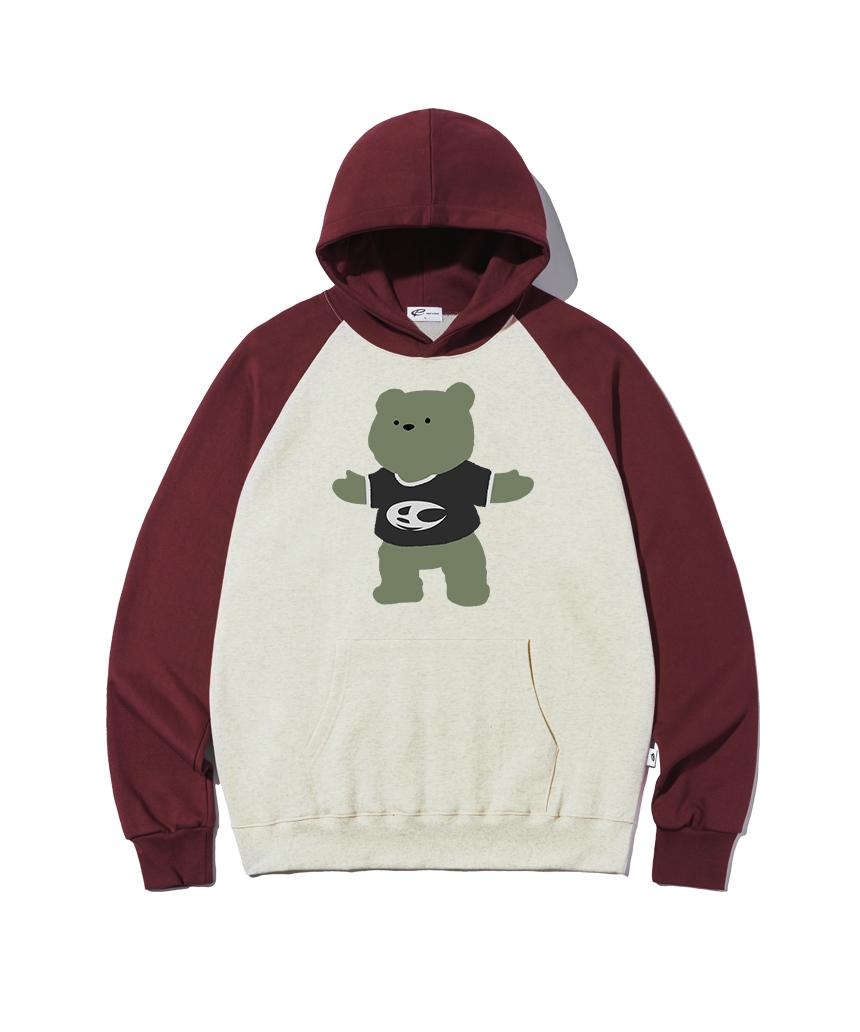 Escape From Green T-Shirt Teddy Bear Print Raglan Color Block Hoodie Oatmeal M
