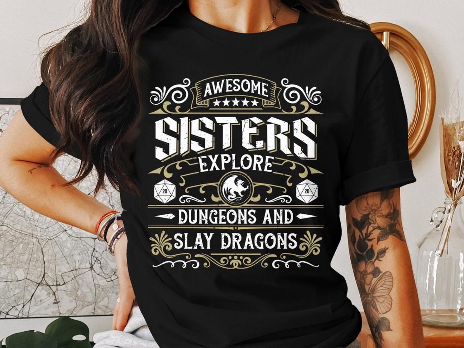 Awesome Sisters Dungeons Tabletop RPG Roleplaying Dragons D20 Dice Gamer T-Shirt S