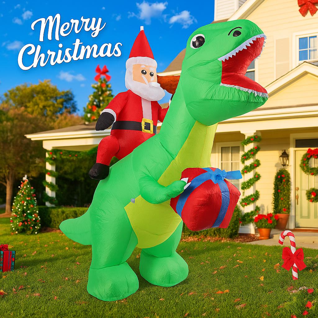 5.91FT Inflatable Santa Claus Dinosaur Toy Xmas Yard Lawn Party Decoration With LED Light Christmas Home Supplie Ornament Gift